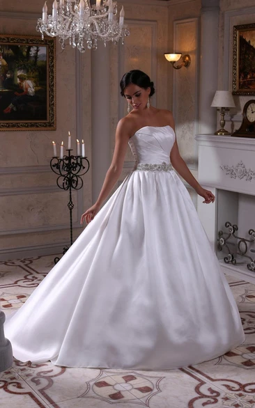 Satin Strapless Ball Gown With Ruching and Crystal Detailed Waistbelt