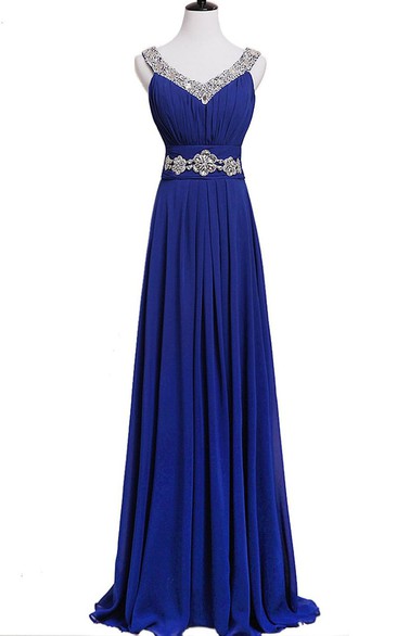 Sleeveless Sequined Long Pleated Chiffon Dress