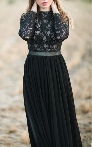 A-line Long Sleeve Chiffon&Lace Dress With Tiers