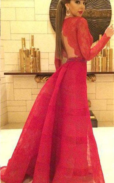 Modern Red Lace Long Sleeve Evening Dress A-line Sweep Train