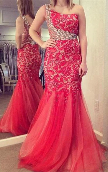 Glamorous One Shoulder Crystals Lace Evening Dress Mermaid Sweep Train