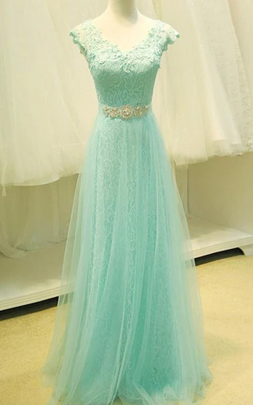 V-Neck Cap Sleeves Beading Lace Prom Dress