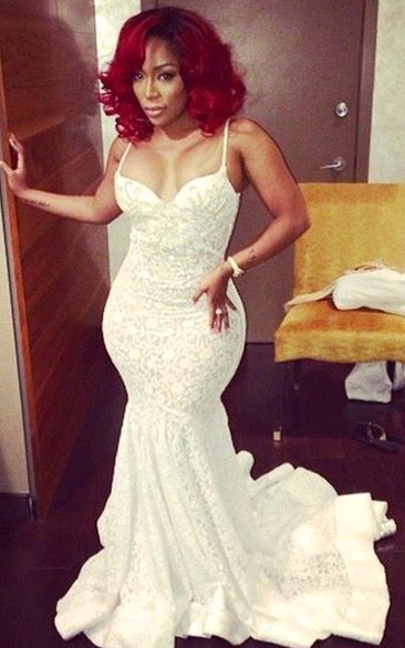 Stunning Spaghetti Straps Prom Dresses Lace With Train