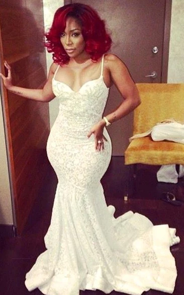 Stunning Spaghetti Straps Prom Dresses Lace With Train