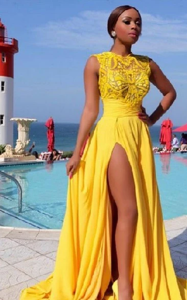 Sexy Illusion Sleeveless Chiffon Prom Dress With Front Split