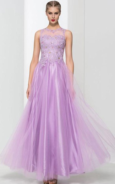 Scoop Neck Appliques Beading Long Prom Dress