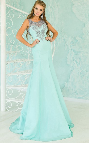 Sheath Sweep Jewel Sleeveless Chiffon Appliques Beading Illusion Dress