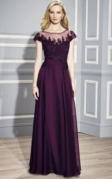 Long Scoop-Neck Cap-Sleeve Appliqued Chiffon Formal Dress