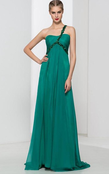 One-Shoulder Beading Pleats Long Prom Dress