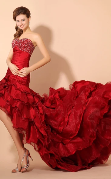 High-Low Taffeta Dress With Ruffled Train and Beaded Top