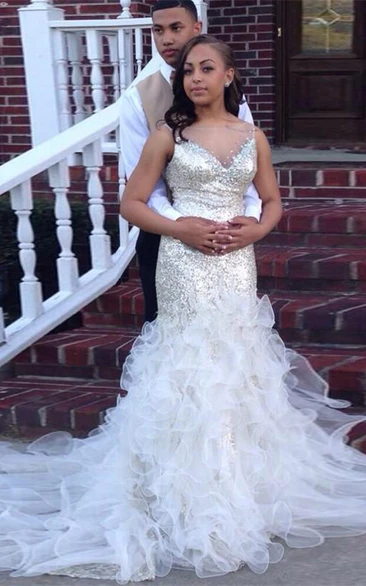 Gorgeous Sleeveless Sequins Prom Dresses Mermaid Tulle Evening Gowns