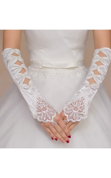 White Bow Beaded Embroidery Long Gloves