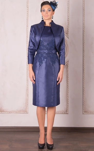 Knee-Length Pencil Appliqued High Neck Long Sleeve Satin Mother Of The Bride Dress