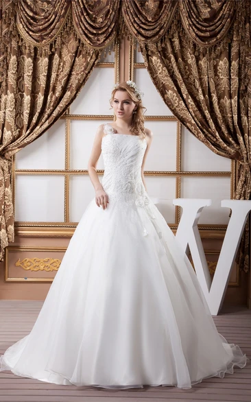 Sleeveless A-Line Tulle Gemmed Top and Gown With Flower