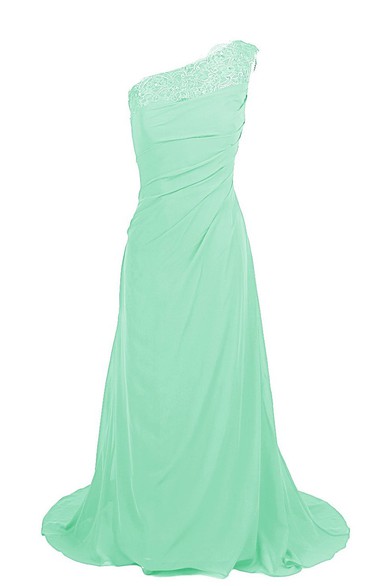 One-shoulder Sweep Train With Ruching and Zipper Back