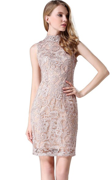 Sleeveless High-neck Allover Lace Dress with Zipper