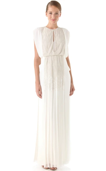 Long Jewel Neckline Sheath Chiffon Dress With Keyholes