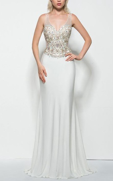 Sheath V-Neck Beading Sweep Train Prom Dress