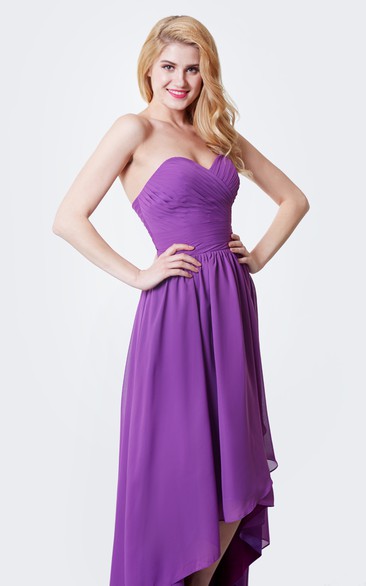 Sweetheart Ruffled High Low Chiffon Dress With Pleats