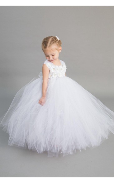 Cap Sleeve Floral Top Tiered Tulle Ball Gown With Sash