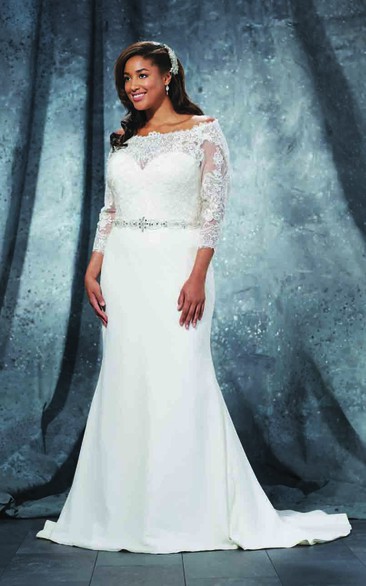 Mermaid Floor-Length Off-The-Shoulder 3-4-Sleeve Sweep Train Illusion Lace Dress