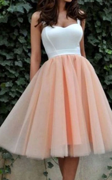 A-line Ball Gown Sleeveless Satin Organza Straps Tea-length Homecoming Dress