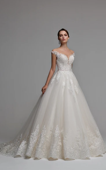 Sexy Ball Gown V-neck Tulle Wedding Gown with Appliques