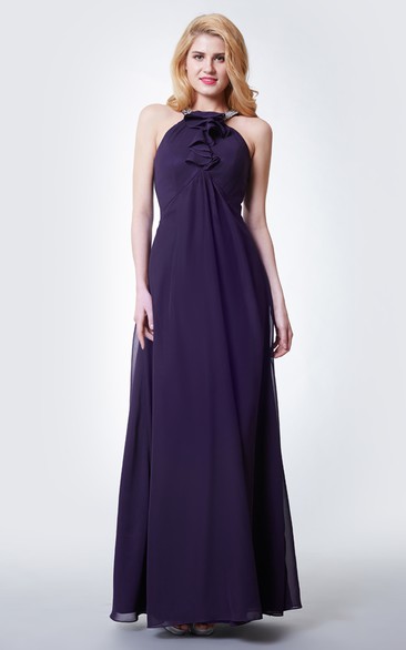 Sleeveless Beaded Halter Neck Pleated Long Chiffon Dress