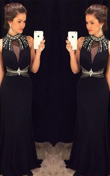Delicate Black Mermaid Crystals Prom Dress High Neck Sleeveless