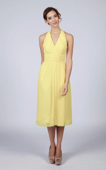 Halter V Neck A-line Chiffon Tea Length Dress Lemon Yellow