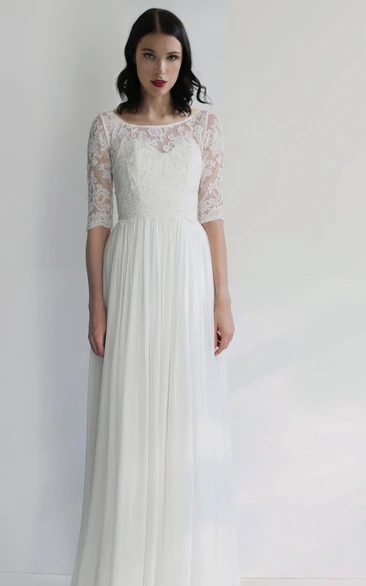 Ethereal Sheath Chiffon Bateau Half-Sleeve Wedding Dress with Pleat