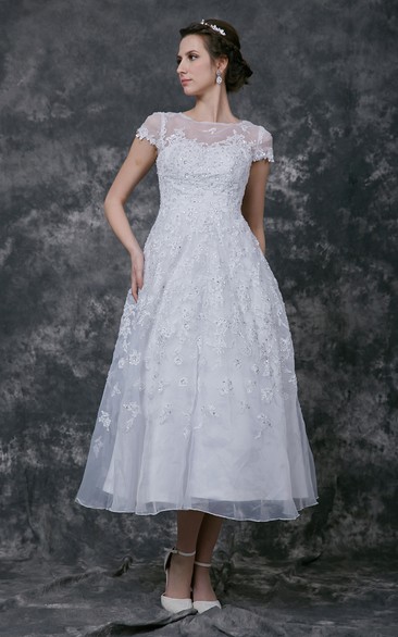 Modern Cap-sleeve Dress With Illusion Neckline and Beaded Lace Applique