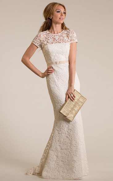 Sheath High Neck Cap-Sleeve Lace Wedding Dress With Illusion