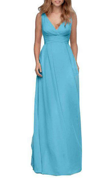 V-neck Ruched Low-v Back Long Bridesmaid Dress with Bow