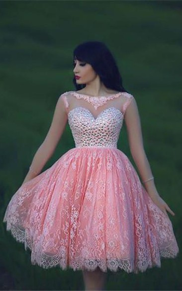 Lovely Beadings Lace Cocktail Dress Open Back Pink Homecoming Dress