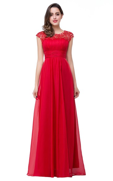 Newest Red Chiffon Lace Prom Dress Zipper Illusion Cap Sleeve