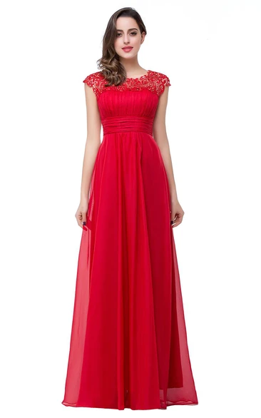 Newest Red Chiffon Lace Prom Dress Zipper Illusion Cap Sleeve