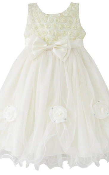 Sleeveless A-line Pleated Dress With Flowers and Bow