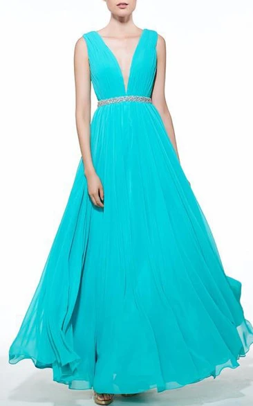 A-Line V-Neck Beading Ruched Floor-Length Prom Dress