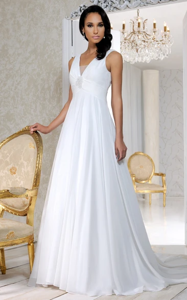 V-Neck Long Empire Pleated Chiffon Wedding Dress With Court Train And V Back