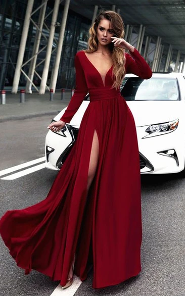 Chiffon Sheath Plunging Long Sleeve Front Split Dress