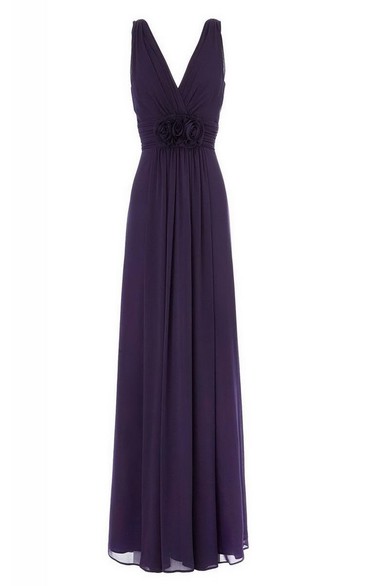 Sleeveless V-neck Empire Chiffon Dress With Flower