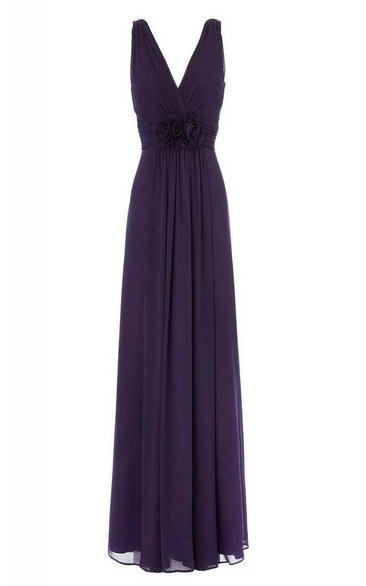 Sleeveless V-neck Empire Chiffon Dress With Flower