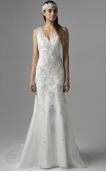 Sheath Floor-Length V-Neck Sleeveless Tulle&Satin Wedding Dress With Beading And Deep-V Back