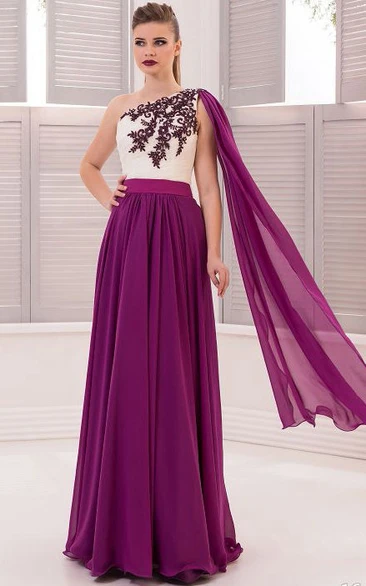 A-Line Floor-Length One-Shoulder Sleeveless Chiffon Appliques Drapping Zipper Dress