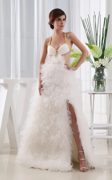 Sleeveless Ruffled Front-Split Dress With Crystal Detailing