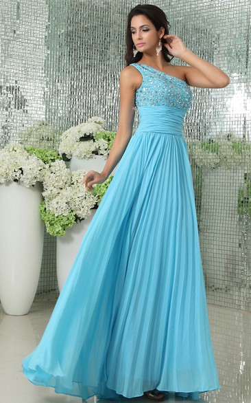 Sleeveless Chiffon Pleated A-Line Long Dress With Beaded Bodice