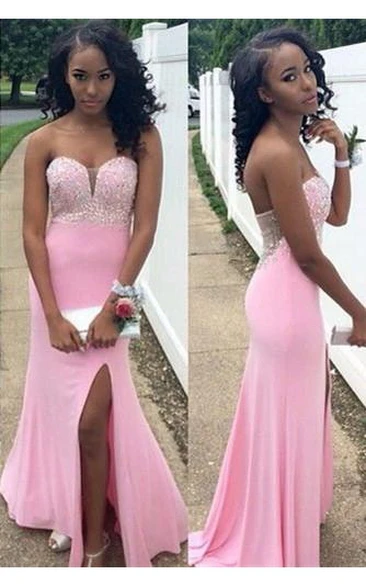 Modern Pink Mermaid Beadings Prom Dress Front Split Sweep Train