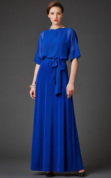 Bateau Bell Half Sleeve A-line Pleated Chiffon Long Dress With Sash