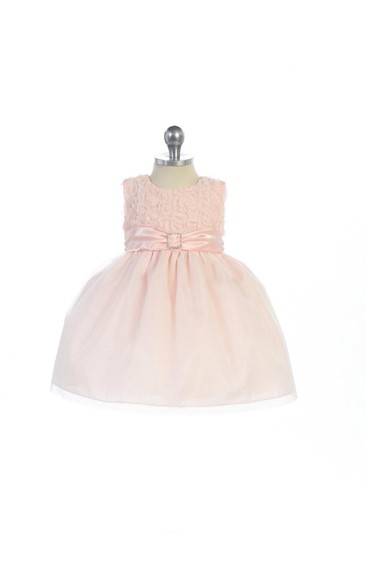 Scoop Neck Sleeveless Knee Length Organza Dress With Flower Bodice